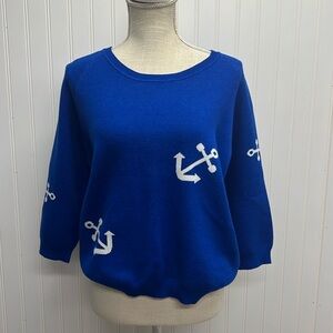 Maude Vivante Knit Sweater Nautical Anchor Royal Blue‎ Sz M